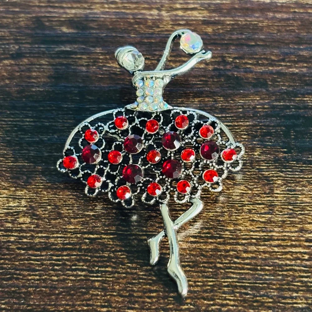 Silver Tone Red Rhinestone Ballerina Dancer Brooch Pin Aurora Borealis Accents